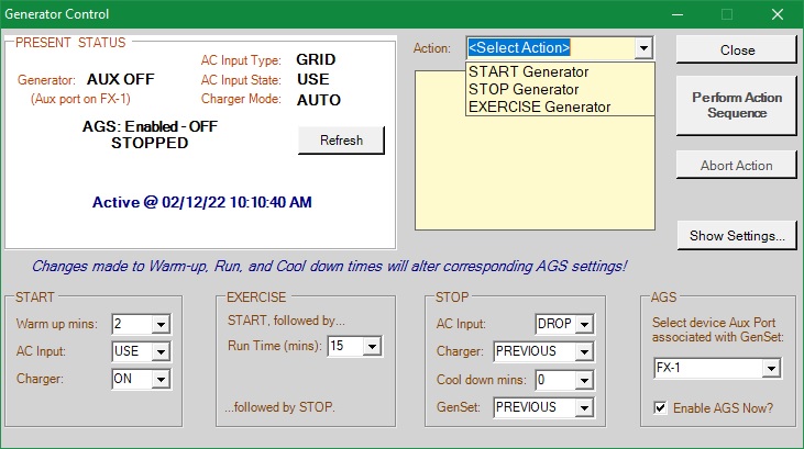 Generator Control Screen